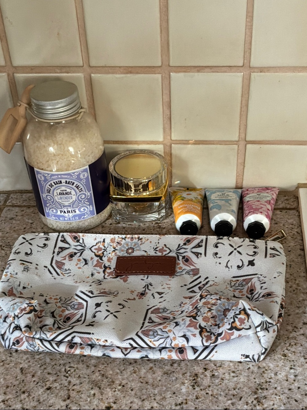 Cosmetic Pouch with Hand Creams, Bath Salts & Travel Cream Jar
